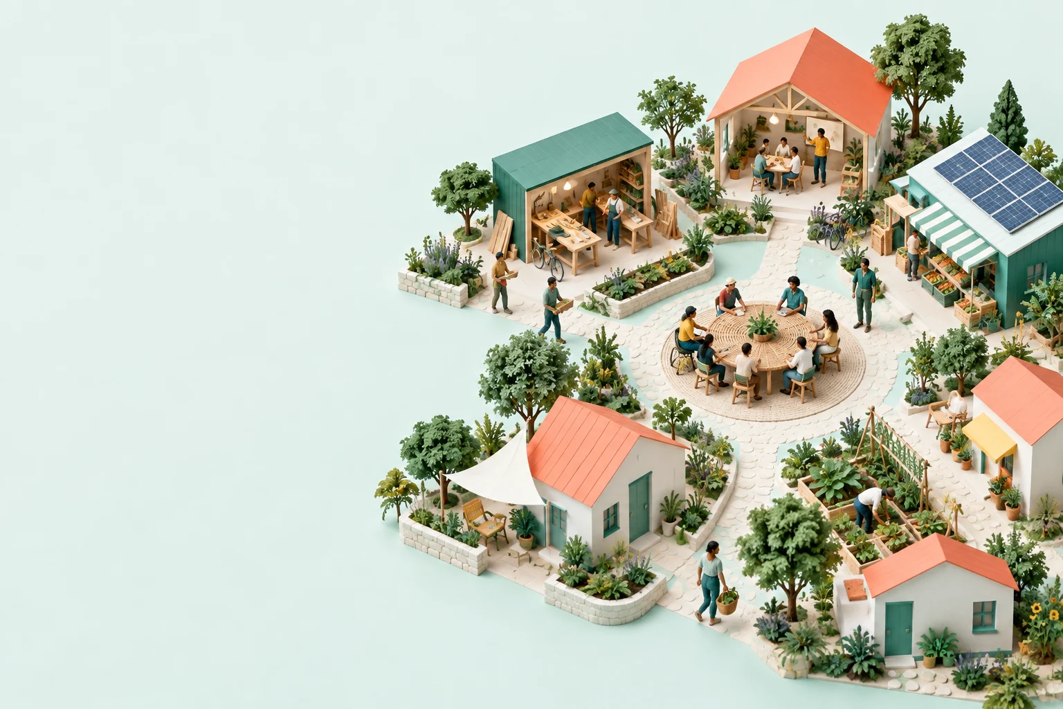 An illustrated neighborhood of homes, workshops, gardens and shared spaces around a community table.